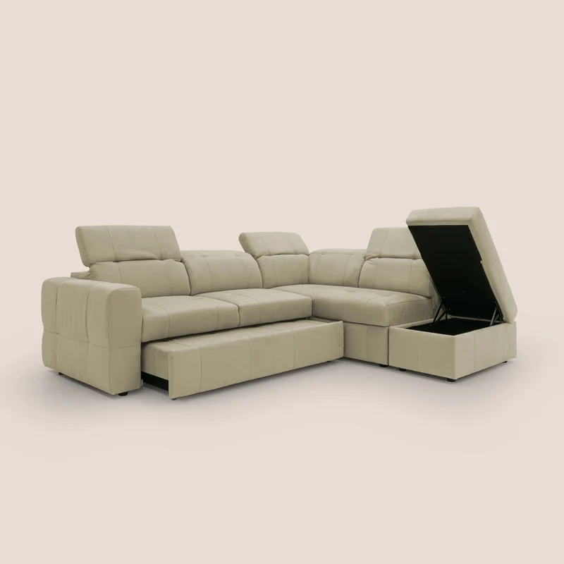 Kronos Canapé d'angle avec extractible et pouf coffre en micorfibre imperméable T11 beige