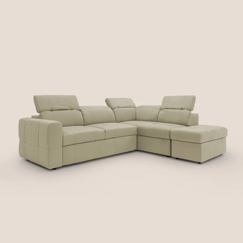 Kronos Canapé d'angle avec extractible et pouf coffre en micorfibre imperméable T11 beige