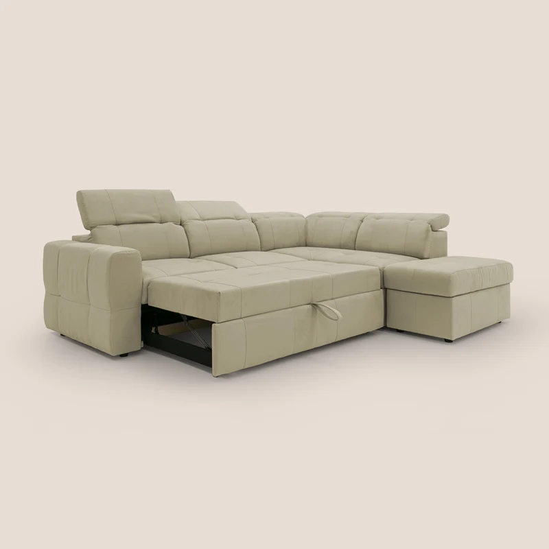 Kronos Canapé d'angle avec extractible et pouf coffre en micorfibre imperméable T11 beige