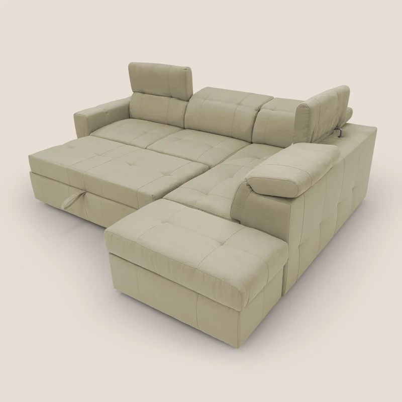 Kronos Canapé d'angle avec extractible et pouf coffre en micorfibre imperméable T11 beige