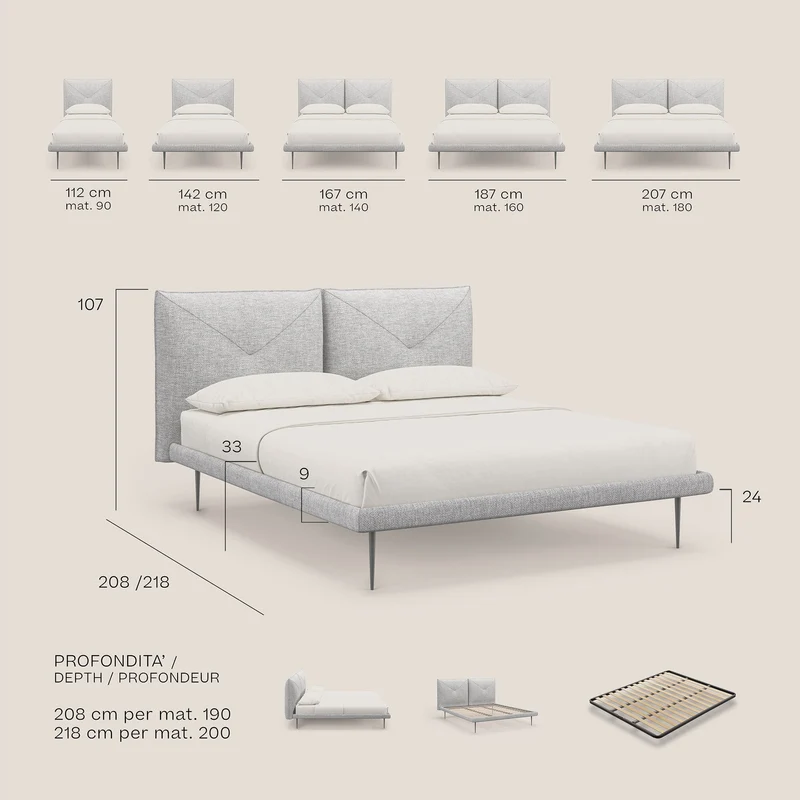 Jolie lit à double panneau et pieds hauts en métal en tissu détachable T18 blanc