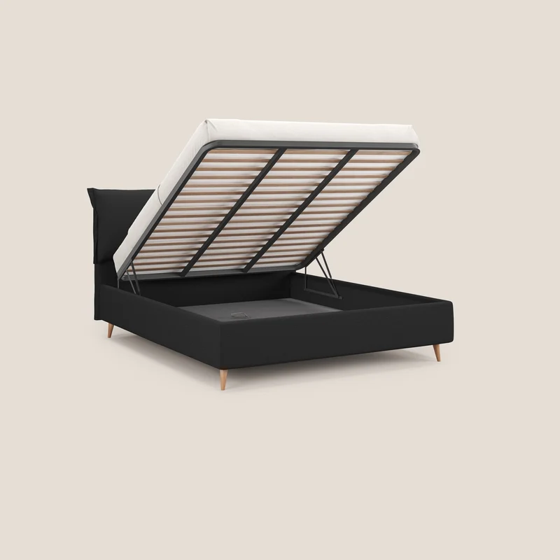 Elettra lit avec coffre de rangement déhoussable avec coussins tête de lit en tissu imperméable T13 anthracite