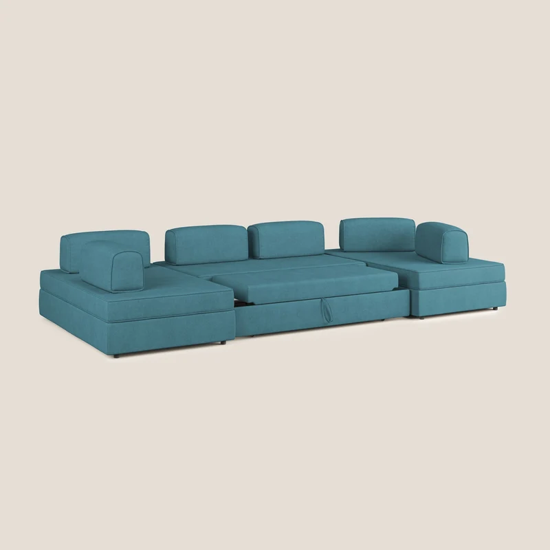 Liberty Canapé panoramique avec pouf extractible et dossiers amovibles en tissu doux imperméable T02 bleu clair