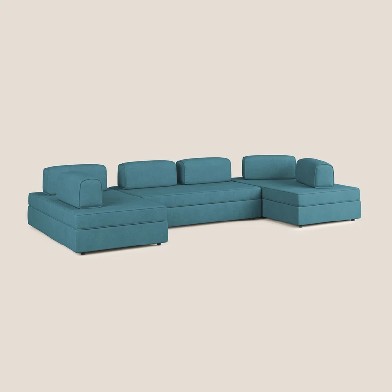 Liberty Canapé panoramique avec pouf extractible et dossiers amovibles en tissu doux imperméable T02 bleu clair