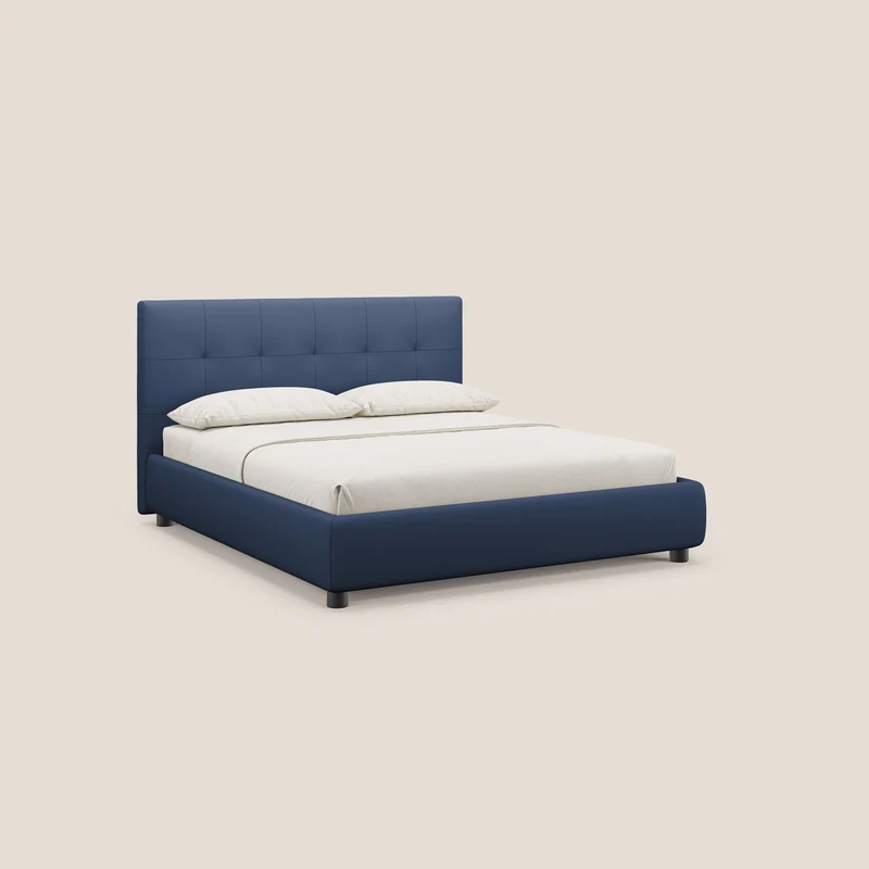 Minato lit coffre avec tête de lit capitonnée en similicuir imperméable T04 bleu