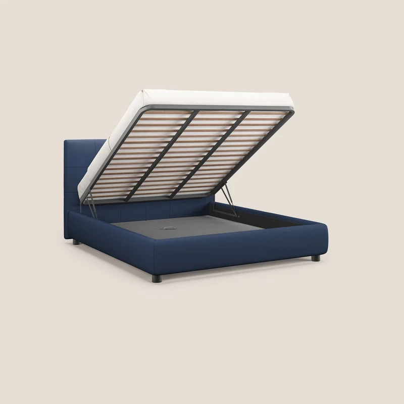Minato lit coffre avec tête de lit capitonnée en similicuir imperméable T04 bleu