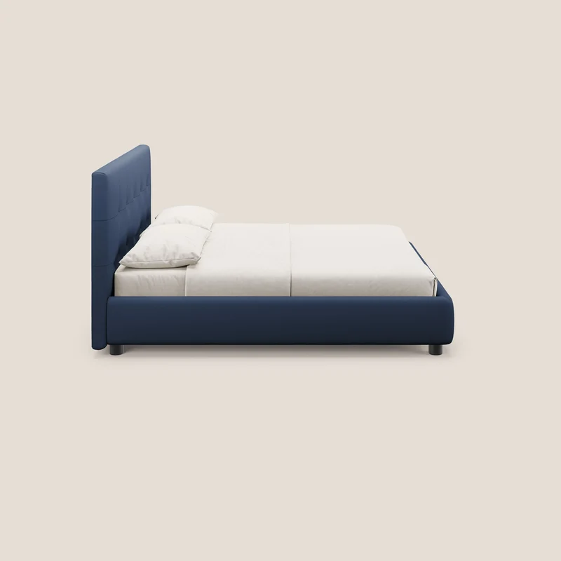 Minato lit coffre avec tête de lit capitonnée en similicuir imperméable T04 bleu