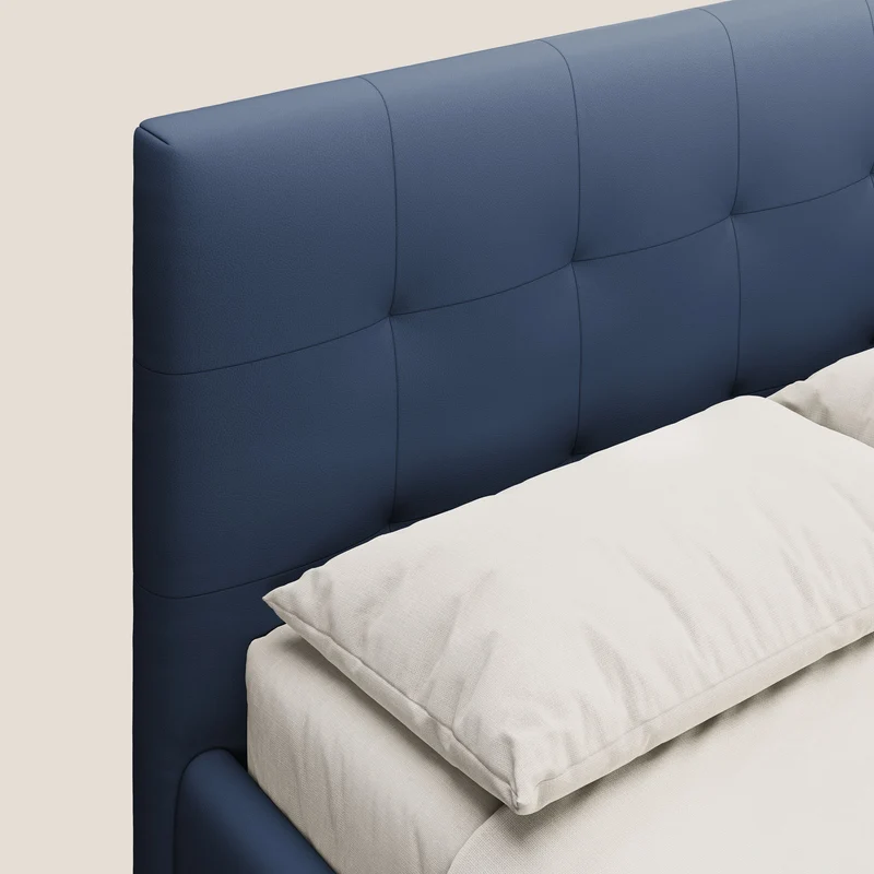 Minato lit coffre avec tête de lit capitonnée en similicuir imperméable T04 bleu
