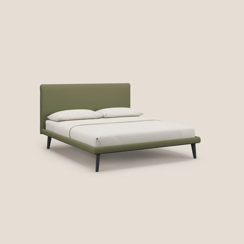 Noel lit minimaliste scandinave avec pieds foncés et tissu flammé imperméable T19 vert