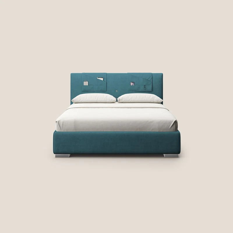 Horus lit rembourré avec coffre et prise USB sur la tête de lit en tissu imperméable T02 bleu clair
