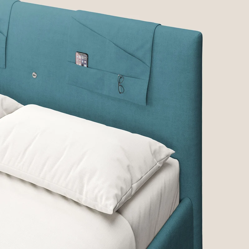 Horus lit rembourré avec coffre et prise USB sur la tête de lit en tissu imperméable T02 bleu clair