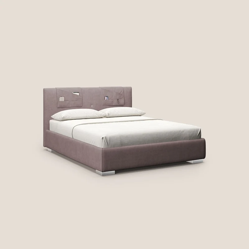 Horus lit rembourré avec coffre et prise USB sur la tête de lit en tissu imperméable T02 rose