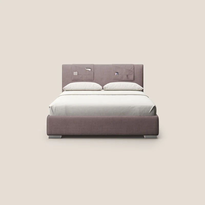 Horus lit rembourré avec coffre et prise USB sur la tête de lit en tissu imperméable T02 rose