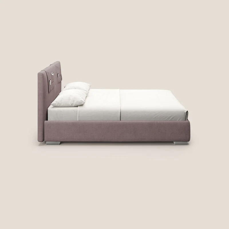 Horus lit rembourré avec coffre et prise USB sur la tête de lit en tissu imperméable T02 rose