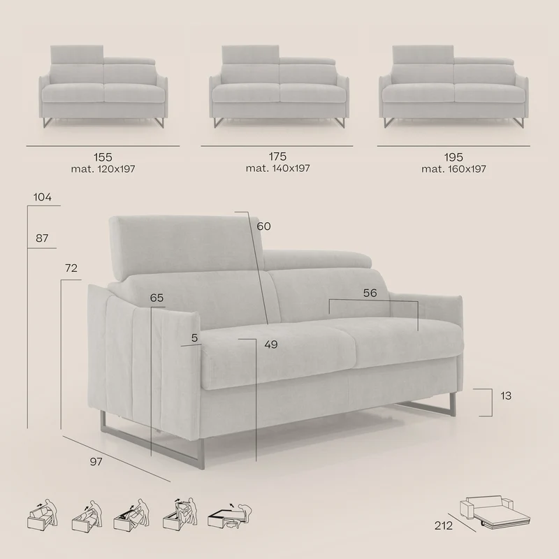 Loto canapé convertible compact avec matelas H 18cm et pieds hauts en tissu imperméable T14 anthracite