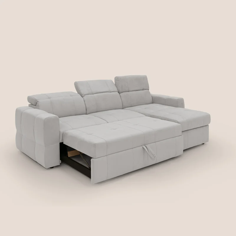Kronos Canapé d'angle avec pouf extractible et coffre de rangement en microfibre imperméable T11 gris clair