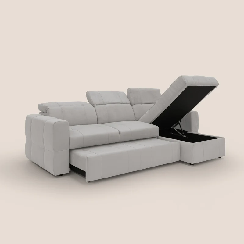 Kronos Canapé d'angle avec pouf extractible et coffre de rangement en microfibre imperméable T11 gris clair
