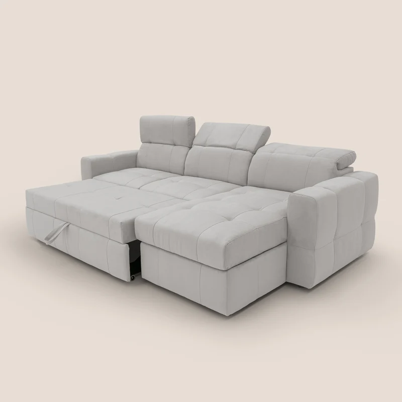 Kronos Canapé d'angle avec pouf extractible et coffre de rangement en microfibre imperméable T11 gris clair