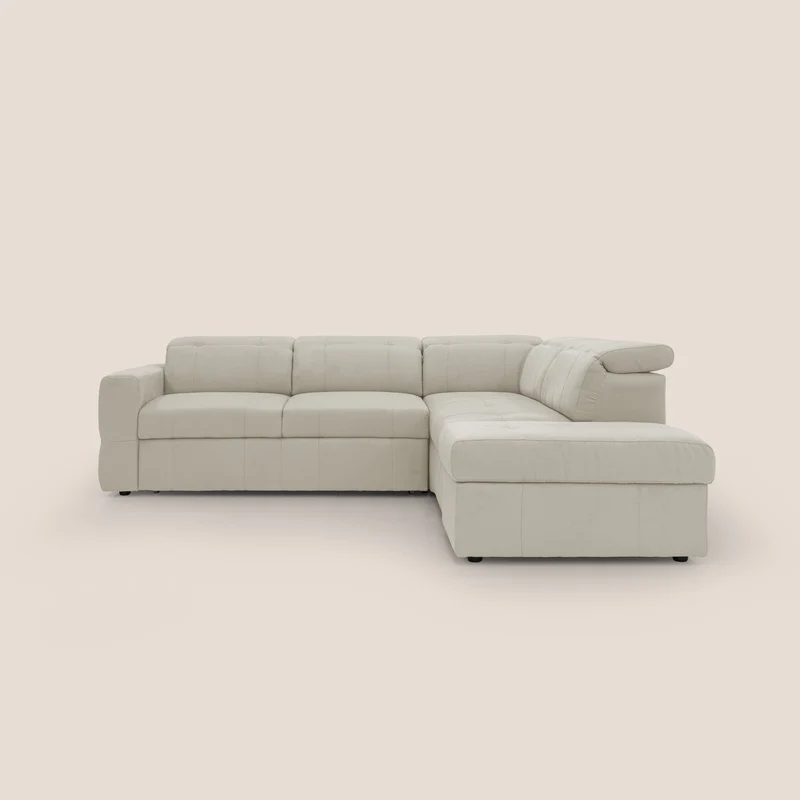 Kronos Canapé d'angle avec extractible et pouf coffre en micorfibre imperméable T11 crème