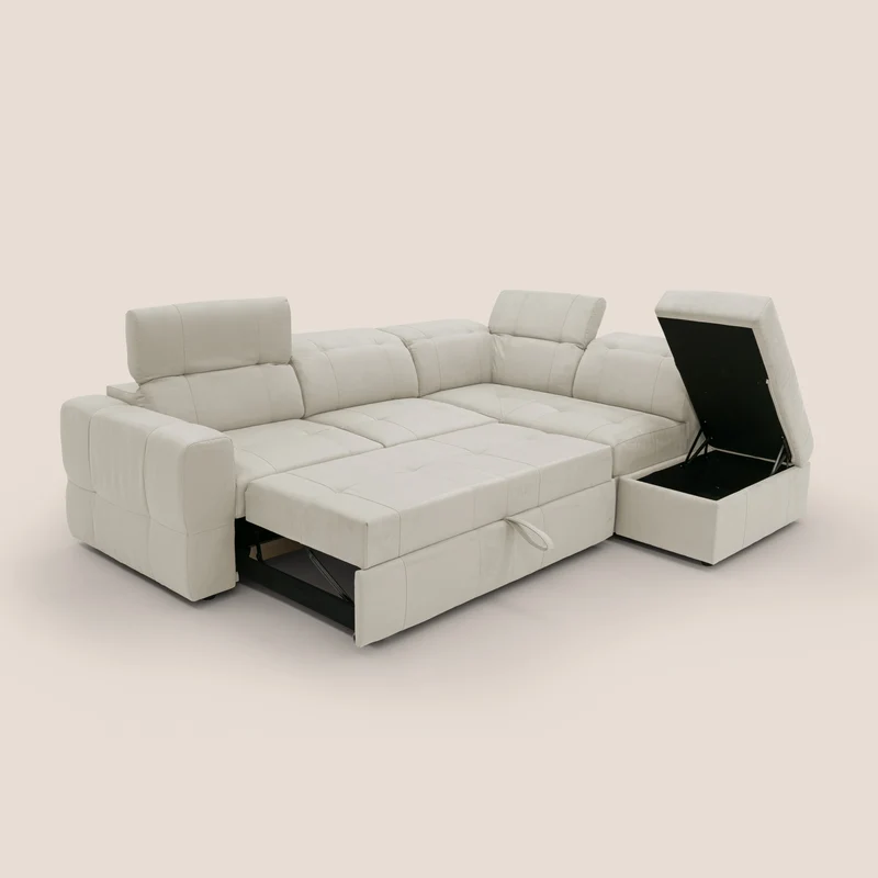 Kronos Canapé d'angle avec extractible et pouf coffre en micorfibre imperméable T11 crème
