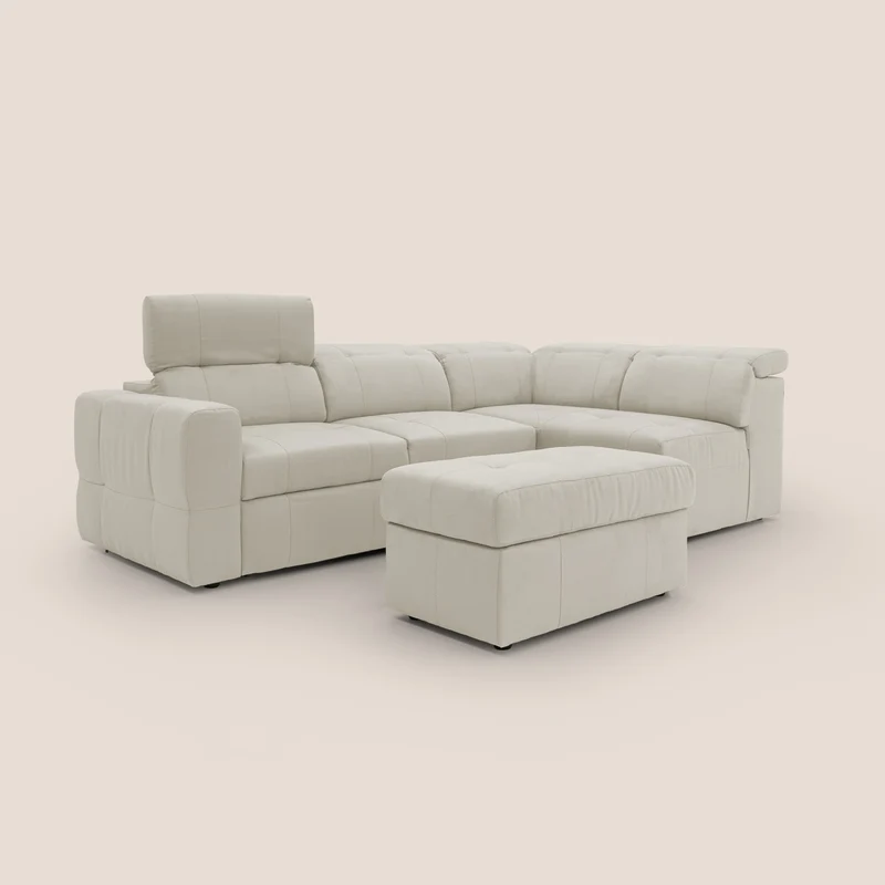Kronos Canapé d'angle avec extractible et pouf coffre en micorfibre imperméable T11 crème