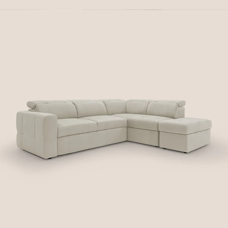 Kronos Canapé d'angle avec extractible et pouf coffre en micorfibre imperméable T11 crème