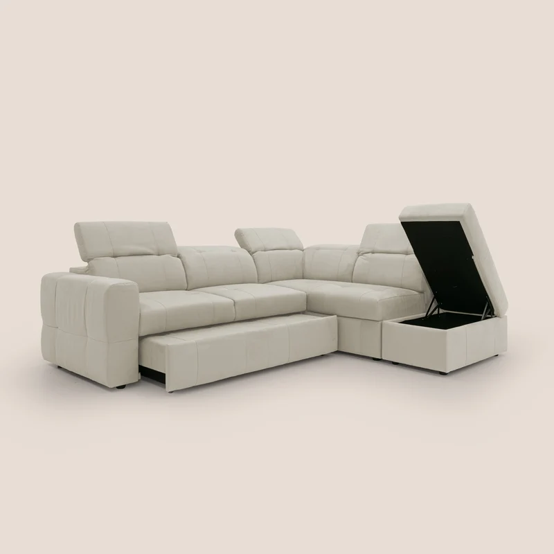 Kronos Canapé d'angle avec extractible et pouf coffre en micorfibre imperméable T11 crème