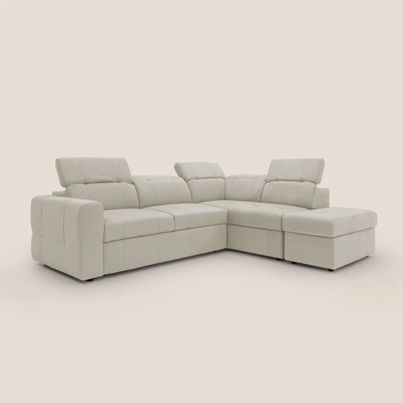 Kronos Canapé d'angle avec extractible et pouf coffre en micorfibre imperméable T11 crème