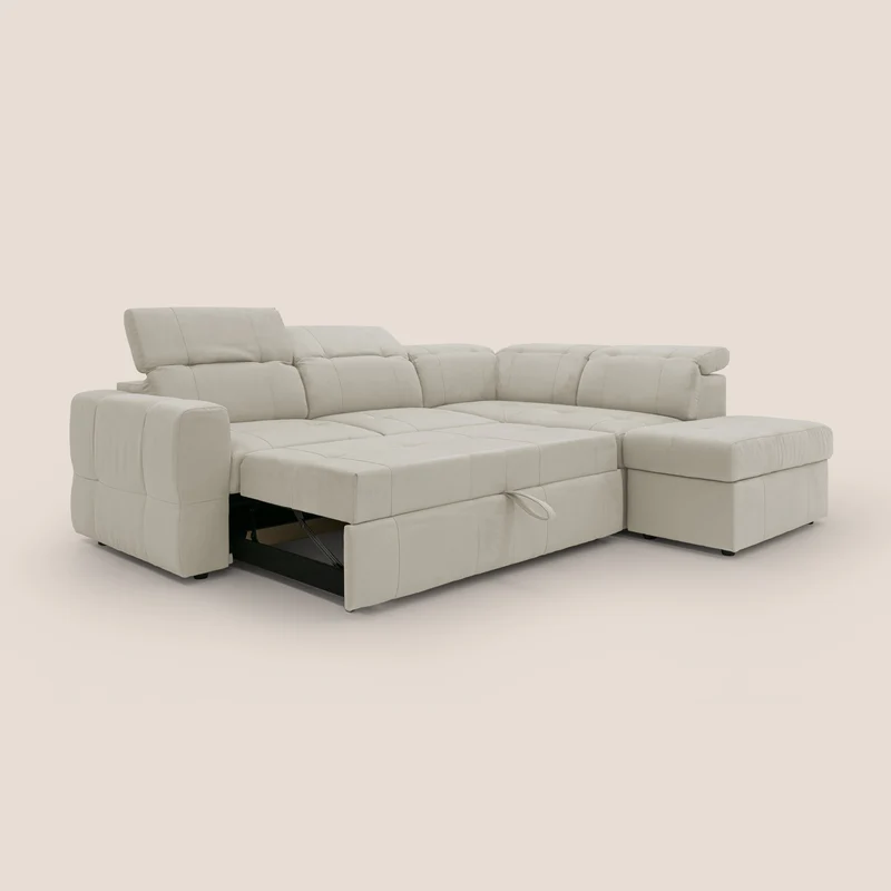 Kronos Canapé d'angle avec extractible et pouf coffre en micorfibre imperméable T11 crème