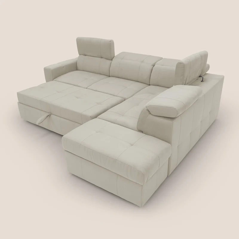 Kronos Canapé d'angle avec extractible et pouf coffre en micorfibre imperméable T11 crème