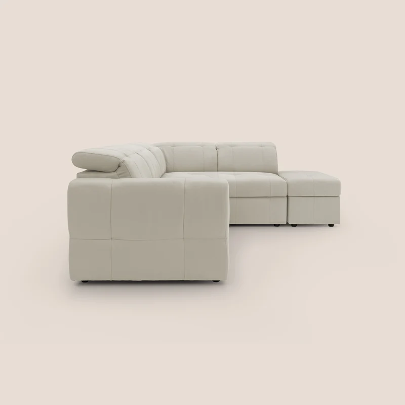 Kronos Canapé d'angle avec extractible et pouf coffre en micorfibre imperméable T11 crème