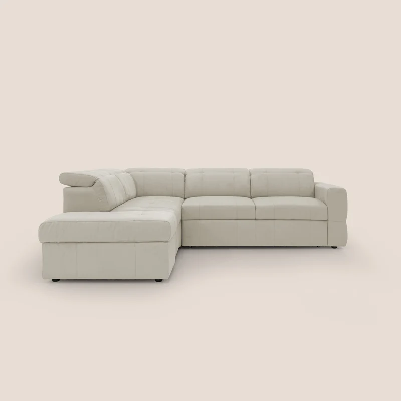 Kronos Canapé d'angle avec extractible et pouf coffre en micorfibre imperméable T11 crème