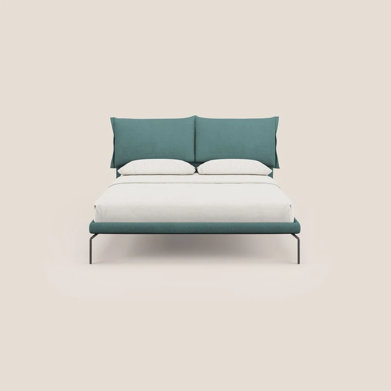 Bice lit rembourré avec coussins et pieds noirs en métal en tissu imperméable T02 bleu canard