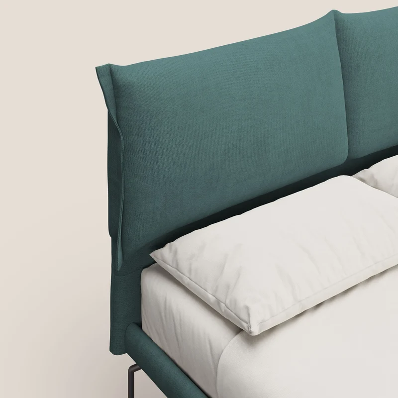 Bice lit rembourré avec coussins et pieds noirs en métal en tissu imperméable T02 bleu canard