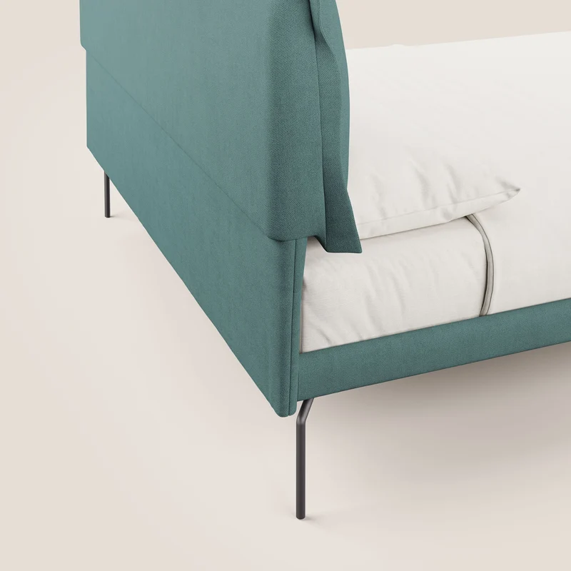 Bice lit rembourré avec coussins et pieds noirs en métal en tissu imperméable T02 bleu canard