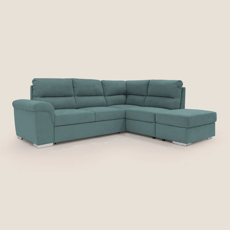 Minerva canapé d'angle avec angle et pouf extractible en tissu doux imperméable T02 bleu canard