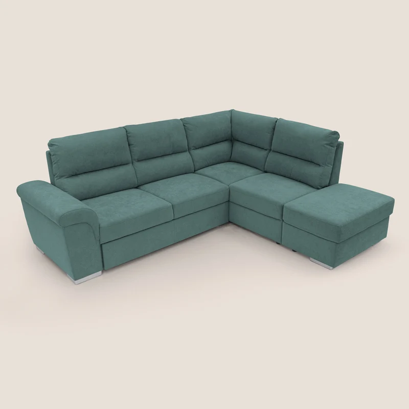 Minerva canapé d'angle avec angle et pouf extractible en tissu doux imperméable T02 bleu canard
