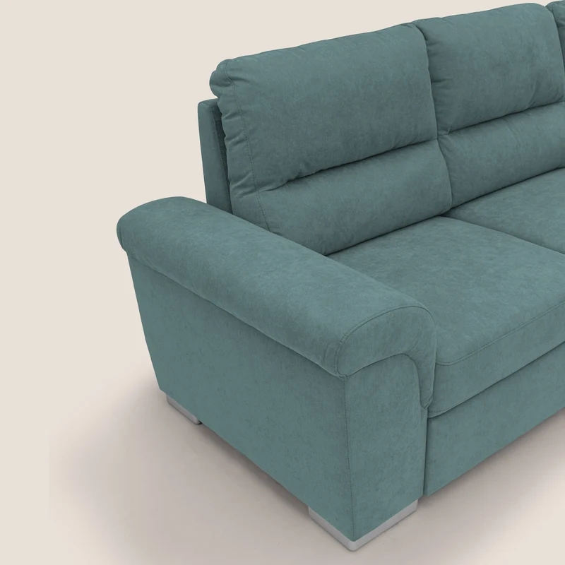 Minerva canapé d'angle avec angle et pouf extractible en tissu doux imperméable T02 bleu canard