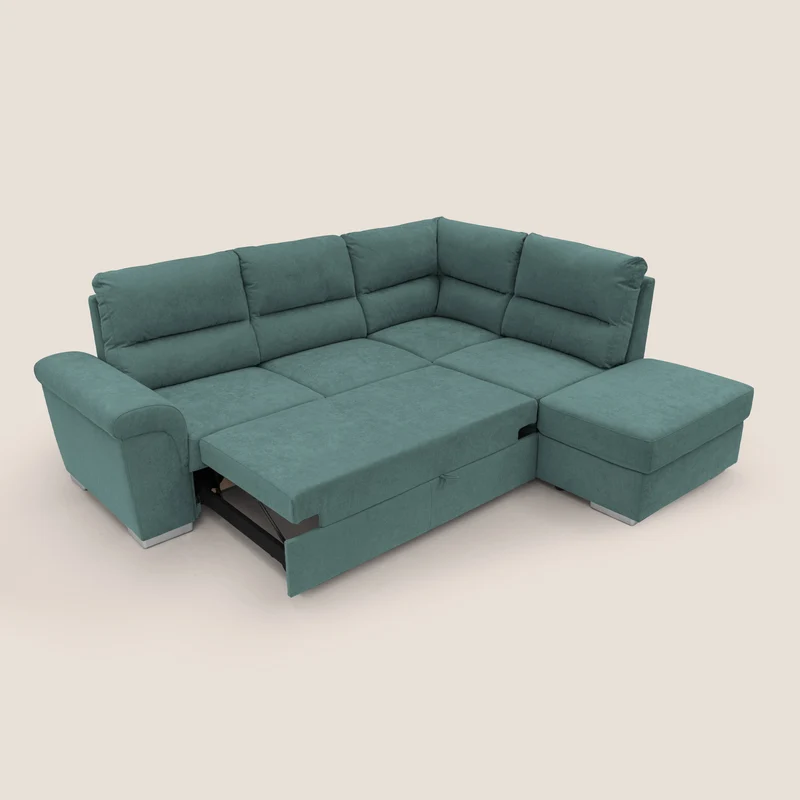 Minerva canapé d'angle avec angle et pouf extractible en tissu doux imperméable T02 bleu canard
