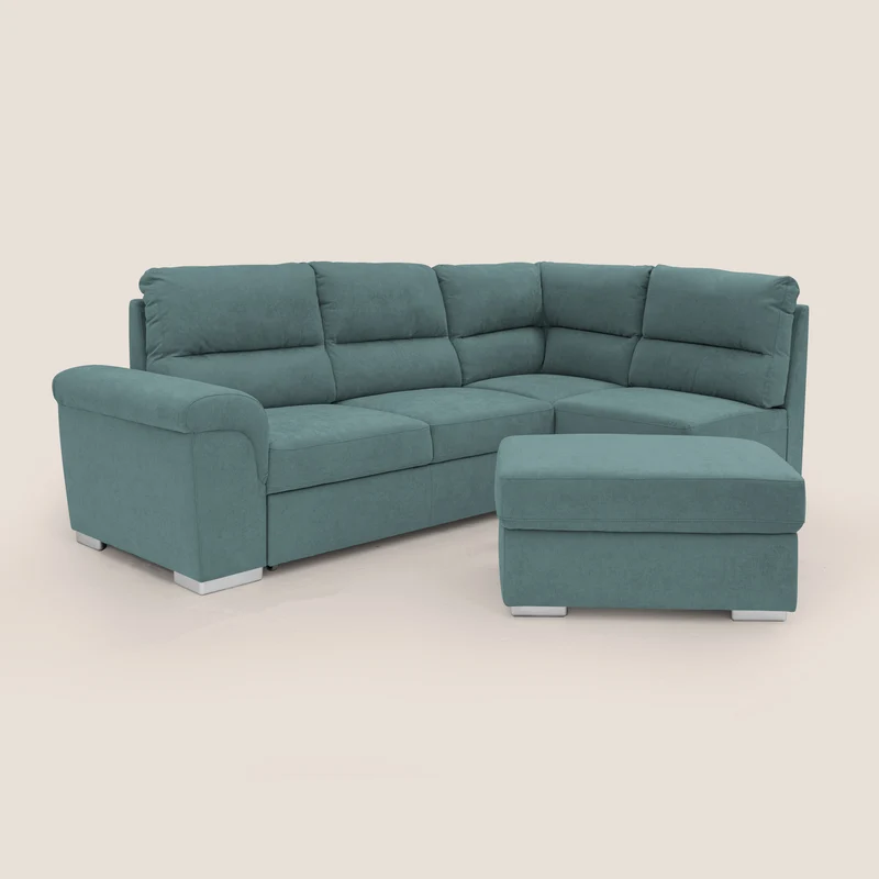 Minerva canapé d'angle avec angle et pouf extractible en tissu doux imperméable T02 bleu canard
