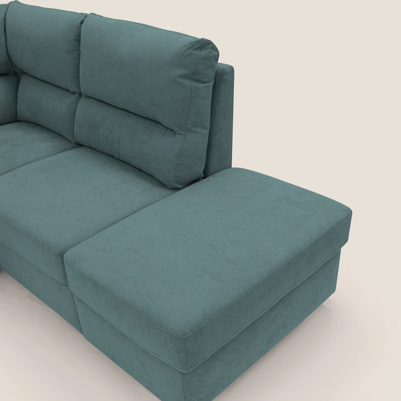 Minerva canapé d'angle avec angle et pouf extractible en tissu doux imperméable T02 bleu canard