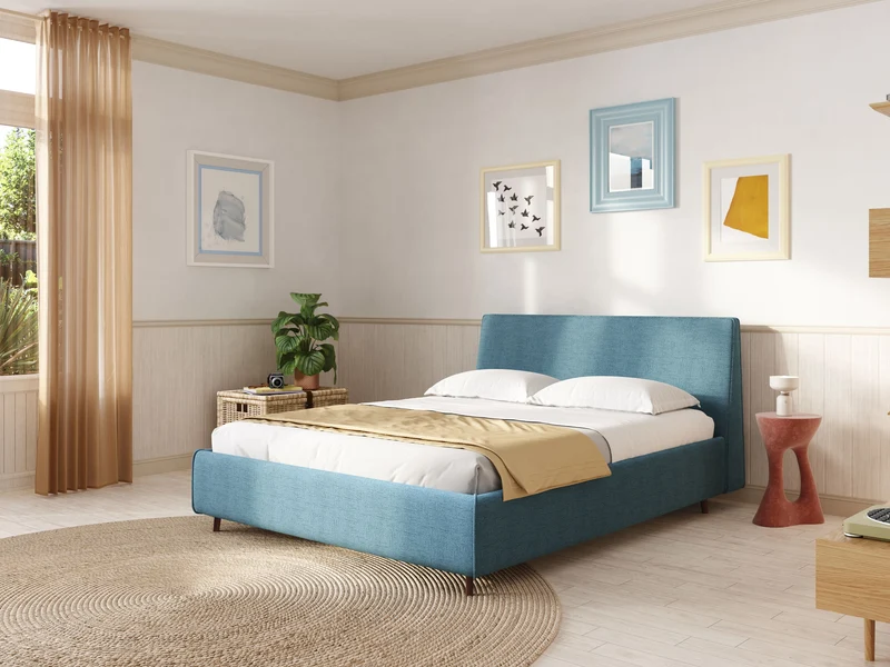 Justin lit rembourré avec coffre et déhoussable en tissu flammé imperméable T03 bleu clair