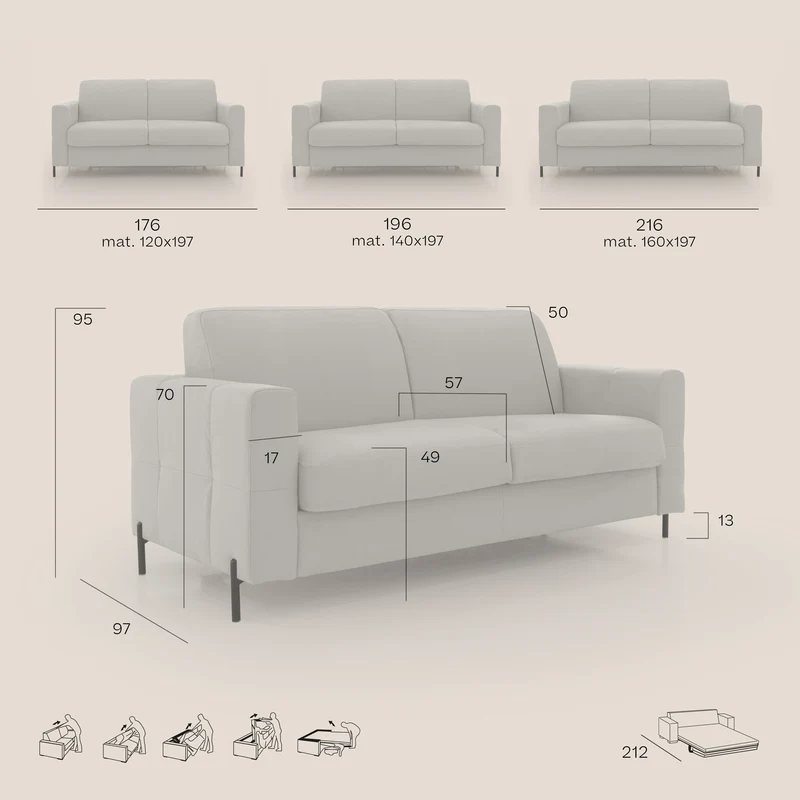Ortensia canapé convertible matelas H 18cm et pieds hauts en élégante microfibre détachable T11 gris clair