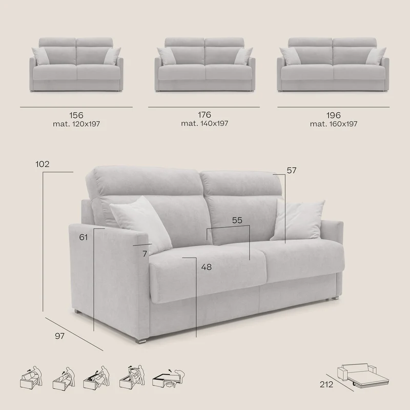 Margot canapé convertible au dossier haut et moelleux en tissu doux imperméable T02 gris