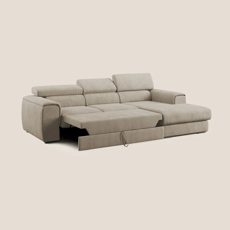 Zeno canapé d'angle et pouf extractible en tissu doux imperméable T02 beige