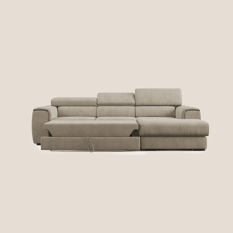 Zeno canapé d'angle et pouf extractible en tissu doux imperméable T02 beige