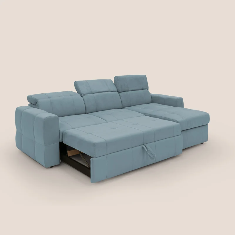 Kronos Canapé d'angle avec pouf extractible et coffre de rangement en microfibre imperméable T11 bleu pastel