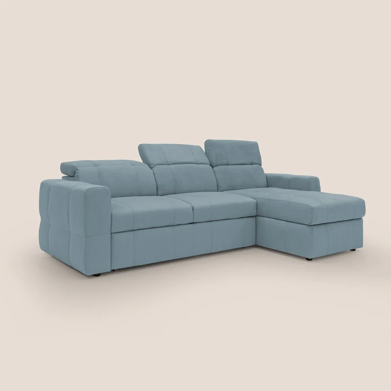 Kronos Canapé d'angle avec pouf extractible et coffre de rangement en microfibre imperméable T11 bleu pastel