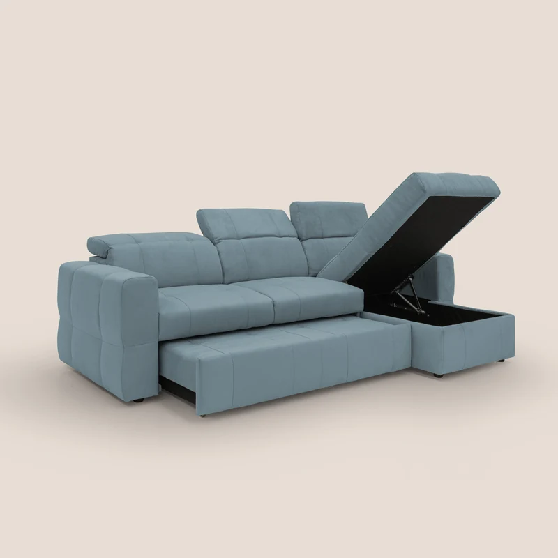 Kronos Canapé d'angle avec pouf extractible et coffre de rangement en microfibre imperméable T11 bleu pastel