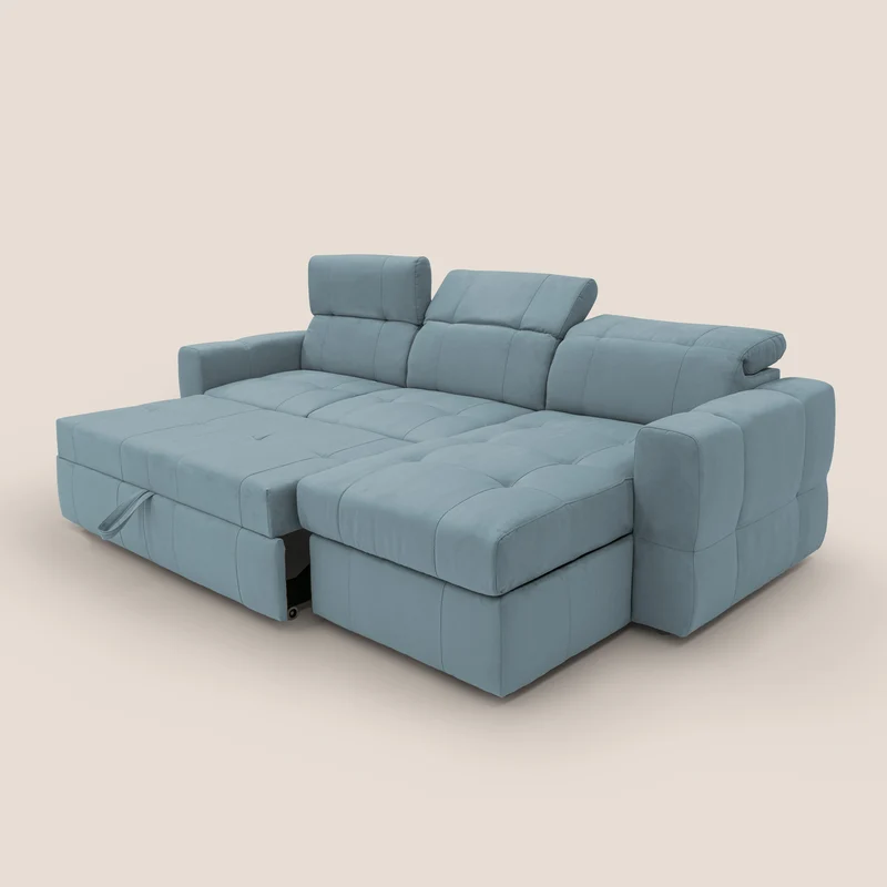 Kronos Canapé d'angle avec pouf extractible et coffre de rangement en microfibre imperméable T11 bleu pastel